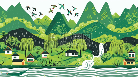 春季小鸟插画图片_春季青山绿水旁的村庄插画