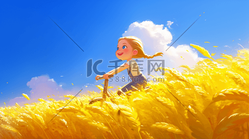 户外蓝天白云下黄色麦田女孩开心骑车的插画
