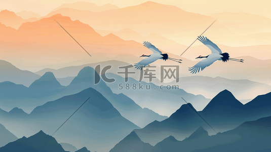 中式蝠纹插画图片_绘画文艺中式国画山景仙鹤飞翔的插画