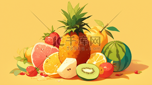 唯美场景水果西瓜菠萝的插画