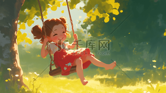 快乐的太阳插画图片_绘画卡通可爱女孩树下打秋千的插画