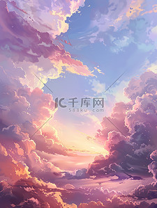 卡通梦幻紫色插画图片_柔和梦幻夕阳的云朵原创插画