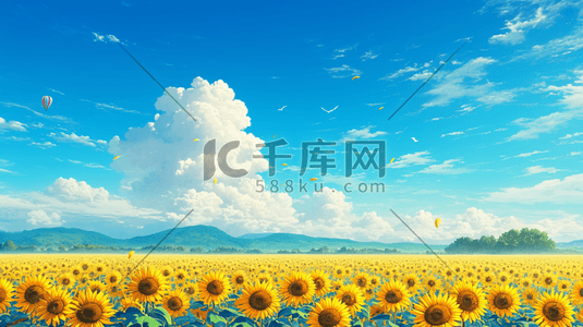 黄色矩形插画图片_户外蓝天白云黄色向日葵花朵的插画