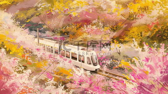 铁路插画图片_彩色森林中穿梭的列车插画