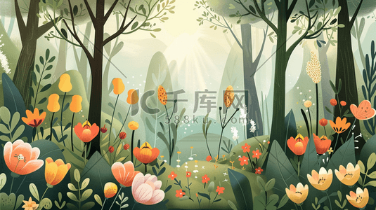 春季鲜花盛开的森林草地插画