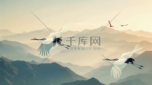 中式窗投影插画图片_绘画文艺中式国画山景仙鹤飞翔的插画