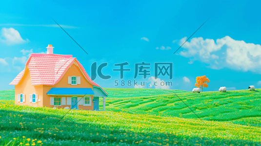 茶叶小青桔插画图片_3D蓝天下草原上的一座小房子插画