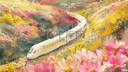 非洲铁路插画图片_彩色森林中穿梭的列车插画