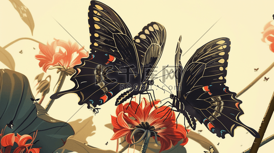 蝴蝶和蚂蚁插画图片_户外风景树下蝴蝶飞舞的插画