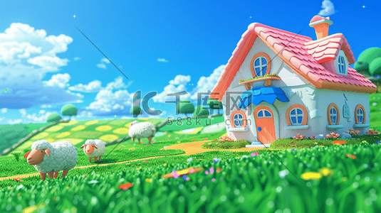 奖杯一座插画图片_3D蓝天下草原上的一座小房子插画