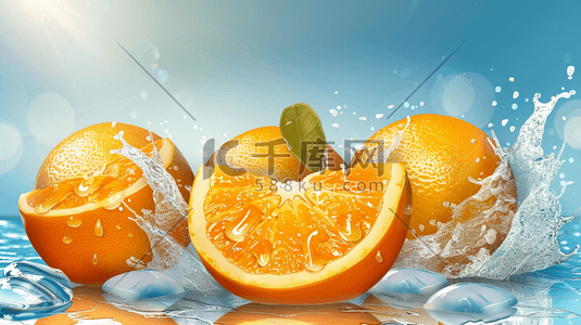 新鲜脐橙插画图片_夏日新鲜香橙和冰块插画