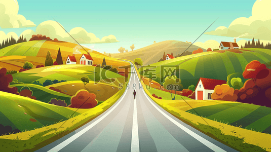 实景草坡插画图片_蓝天下蜿蜒的乡村公路插画