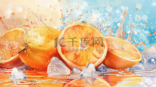 甜橙插画图片_夏日新鲜香橙和冰块插画