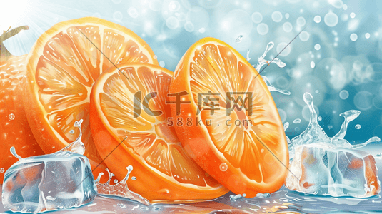 赣南脐橙主图插画图片_夏日新鲜香橙和冰块插画