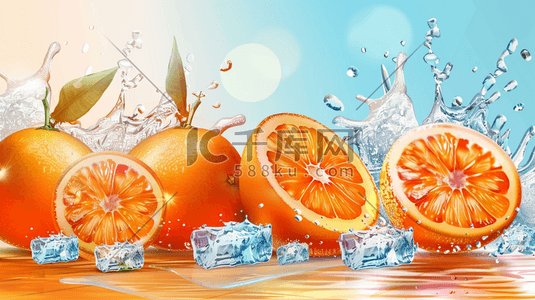 冰块和水插画图片_夏日新鲜香橙和冰块插画
