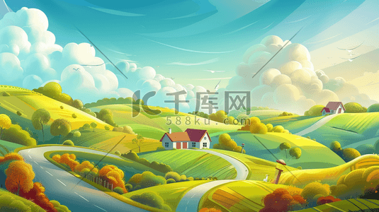 小山坡房子插画图片_蓝天下蜿蜒的乡村公路插画