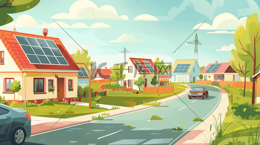 乡村新能源插画图片_乡村道路旁的太阳能板屋顶房子插画
