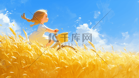 黄色的田地插画图片_户外蓝天白云下黄色麦田女孩开心骑车的插画