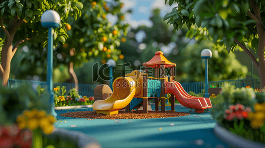 3D幼儿园操场儿童游乐设施插画