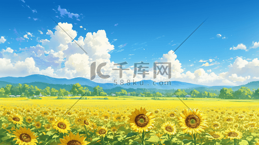 黄色自然插画图片_户外蓝天白云黄色向日葵花朵的插画