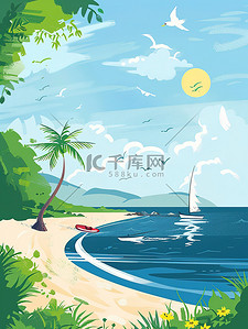儿童海边玩耍插画图片_夏季沙滩海边风景插画图片