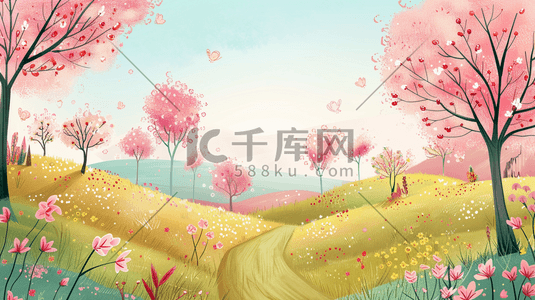 春季野花插画图片_春季鲜花盛开的森林草地插画
