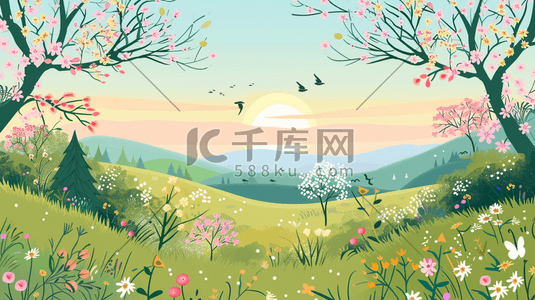 春季鲜花盛开的森林草地插画
