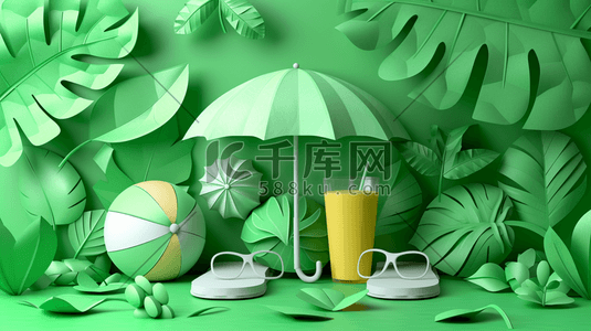 夏日绿植遮阳伞沙滩用品插画