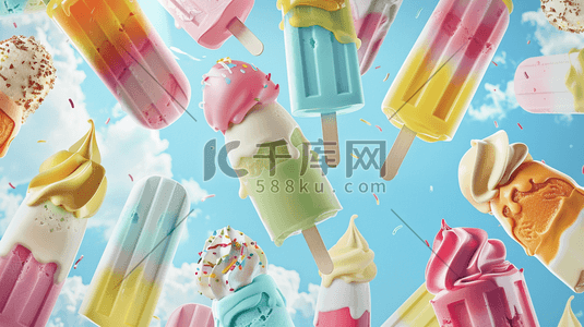 甜点食品插画图片_蓝色背景前散落的鲜果雪条插画