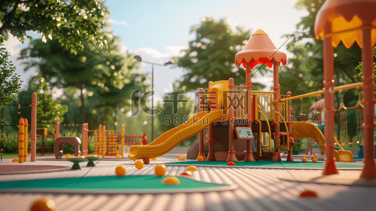 3D幼儿园操场儿童游乐设施插画