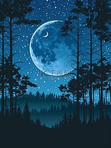 松树绘画插画图片_宁静的夜晚在松树林里与河月和星星