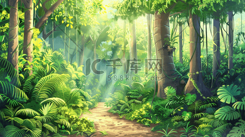 植被生长茂盛的热带雨林插画