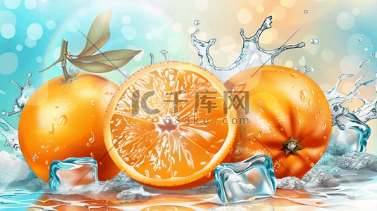 新鲜的蛇果插画图片_夏日新鲜香橙和冰块插画