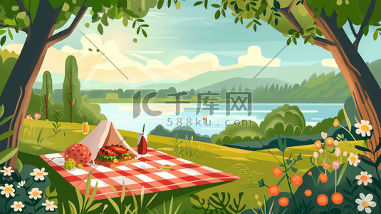 包装盒三角形插画图片_森林草地上野餐露营插画
