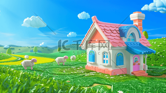 守护一座城插画图片_3D蓝天下草原上的一座小房子插画