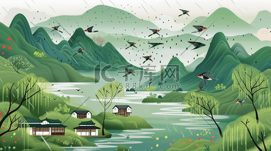 春季青山绿水旁的村庄插画