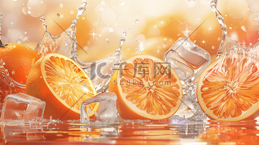 新鲜脐橙插画图片_夏日新鲜香橙和冰块插画