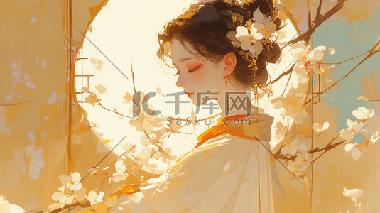 风景中式插画图片_绘画中式国风唯美古装女子的插画