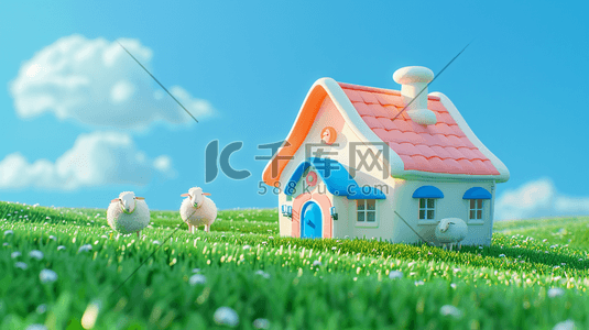 过渡放牧插画图片_3D蓝天下草原上的一座小房子插画
