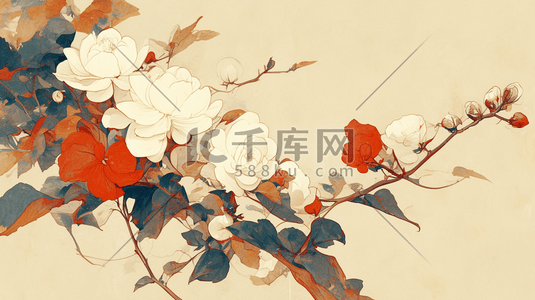 中式国画艺术绘画花朵树枝的插画