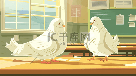 白色桌面插画图片_手绘绘画室内白色信鸽的插画