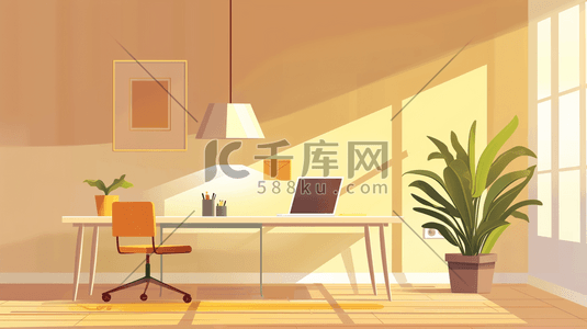 办公桌文具插画图片_现代化简约的办公书房插画