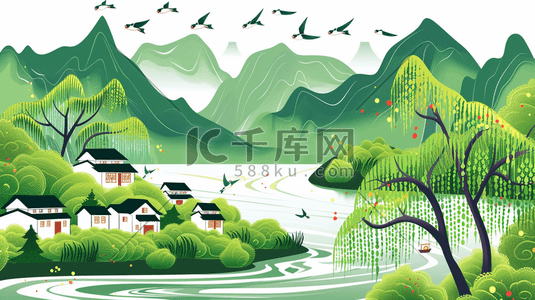 春季青山绿水旁的村庄插画