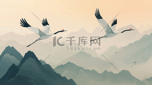 绘画文艺中式国画山景仙鹤飞翔的插画