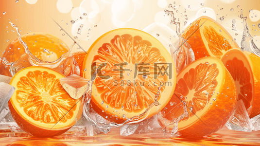夏日新鲜香橙和冰块插画