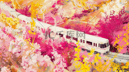 高清彩色轻盈气泡插画图片_彩色森林中穿梭的列车插画