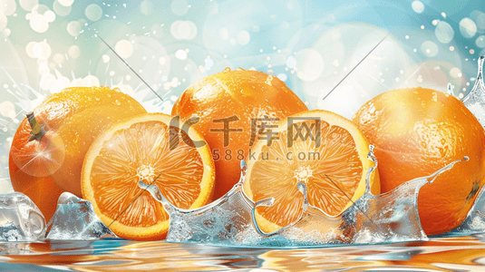 冰块破裂插画图片_夏日新鲜香橙和冰块插画
