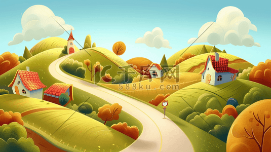 小山坡房子插画图片_蓝天下蜿蜒的乡村公路插画