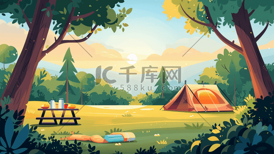 森林草地上野餐露营插画