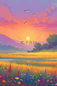 欧式海报边框插画图片_海报夏季夕阳唯美手绘插画